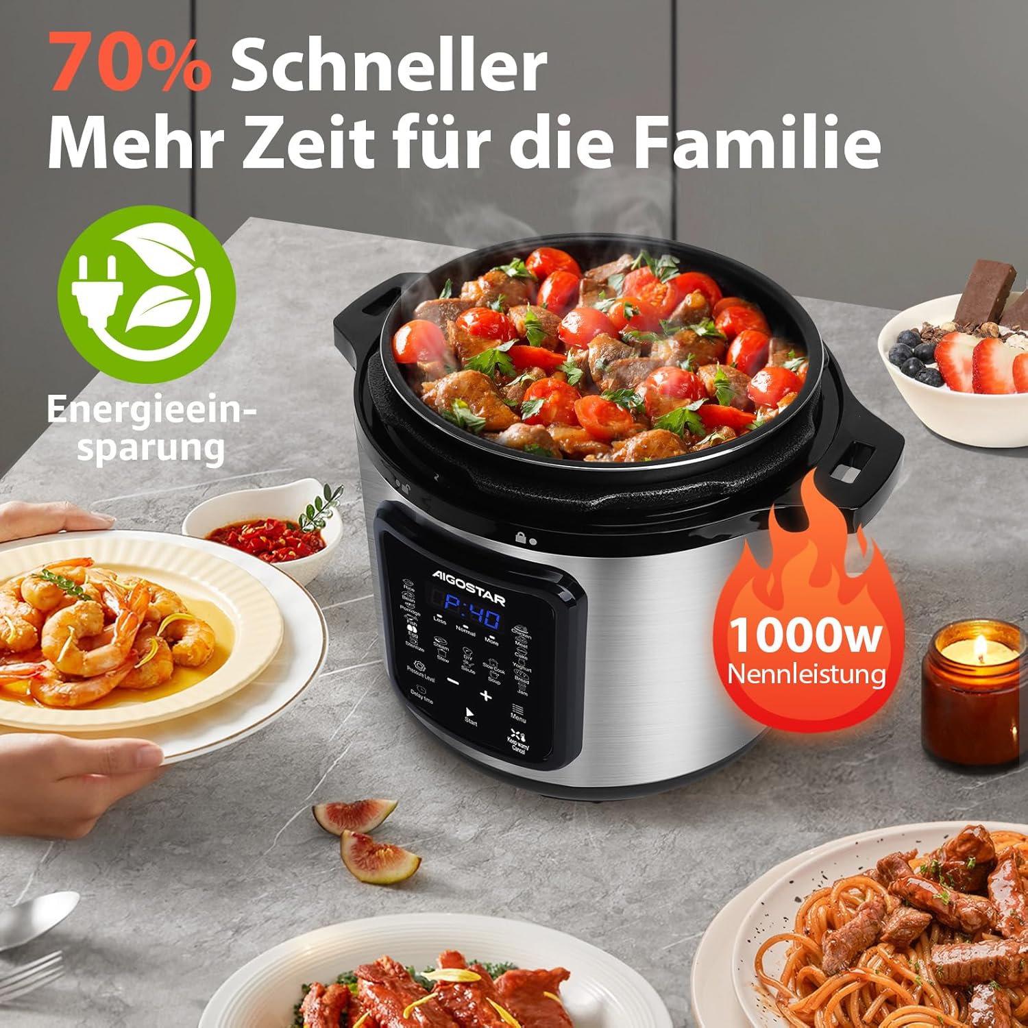 Aigostar Schnellkochtopf, 6 Liter, 18-in-1-Multikocher, antihaftbeschichtet, einfache Reinigung, 1000 W, Schnellkochtopf, Reiskocher, Schongarer, Dampfgarer, Joghurtbereiter, Speisenwärmer mit farbigem Rezeptbuch – Bild 2
