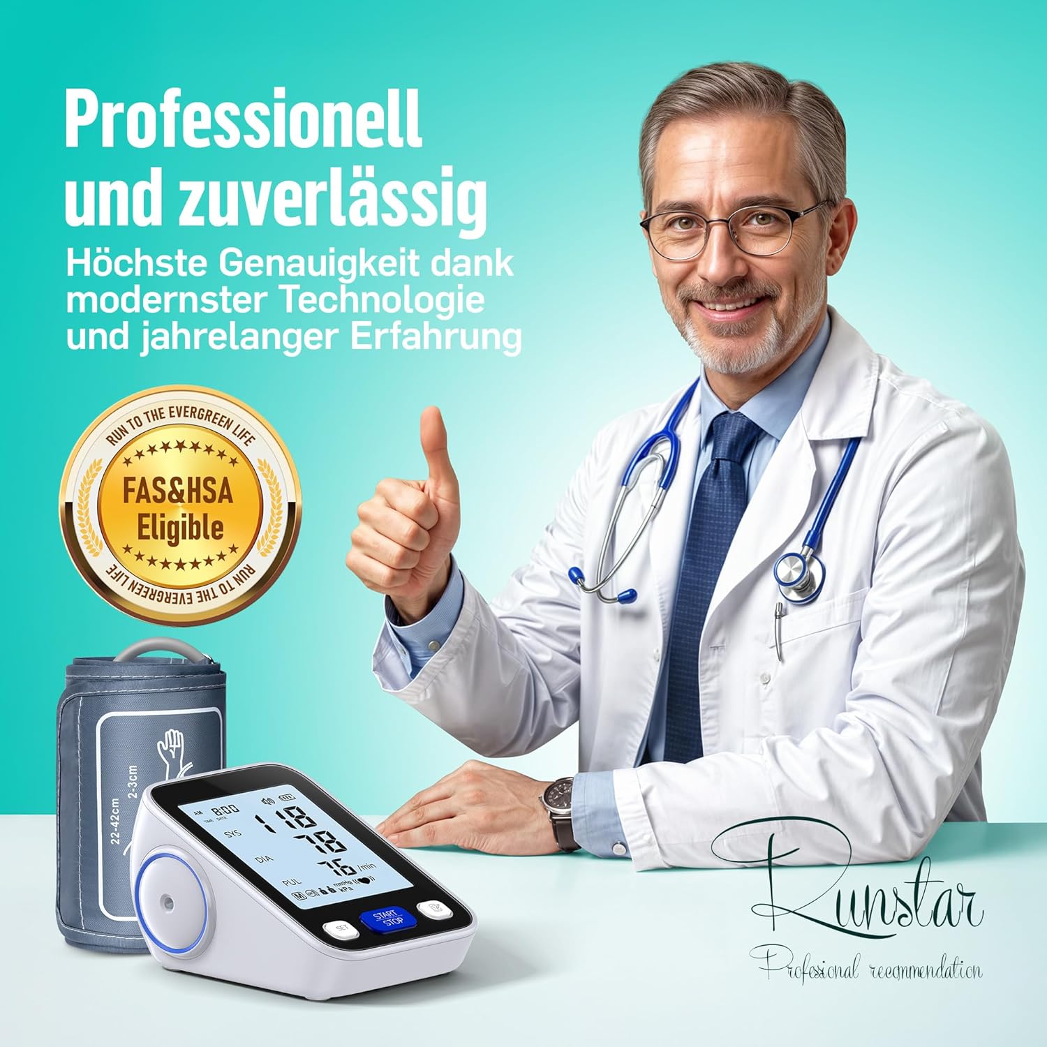 RunStar Oberarm-Blutdruckmessgerät mit breiter Manschette (22 cm – 42 cm) für den Heimgebrauch, automatisches digitales Blutdruckmessgerät mit Aufbewahrungstasche, 2 x 99 Messwertspeicher – Bild 3