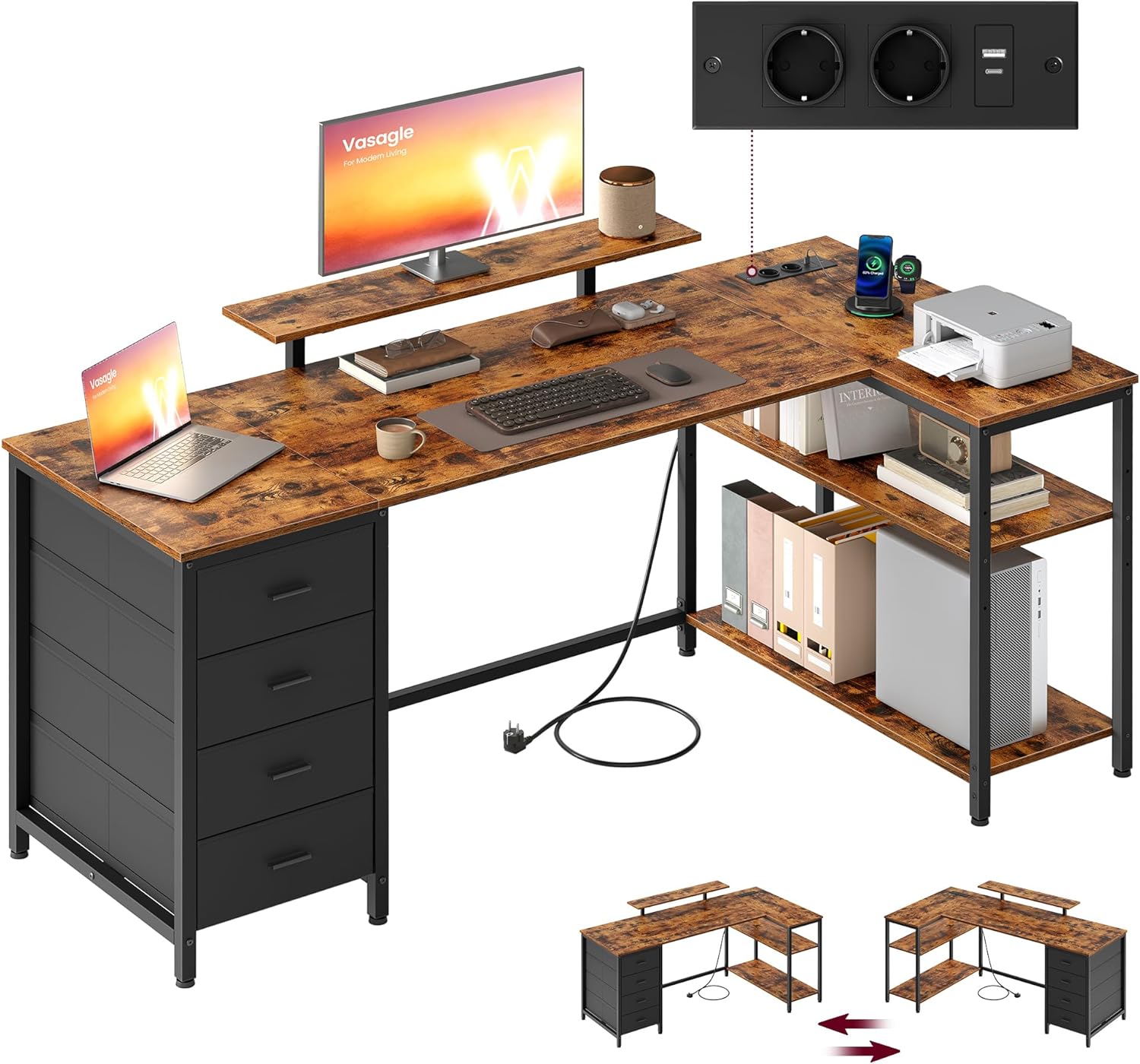 VASAGLE LWD173KD01 L-förmiger Eckschreibtisch mit Steckdosen, Computertisch, Gaming-Tisch, reversibel montierbare, verstellbare Regale, 4 Schubladen, 2 USB-Anschlüsse, 160 x 80 cm, Vintage-Braun