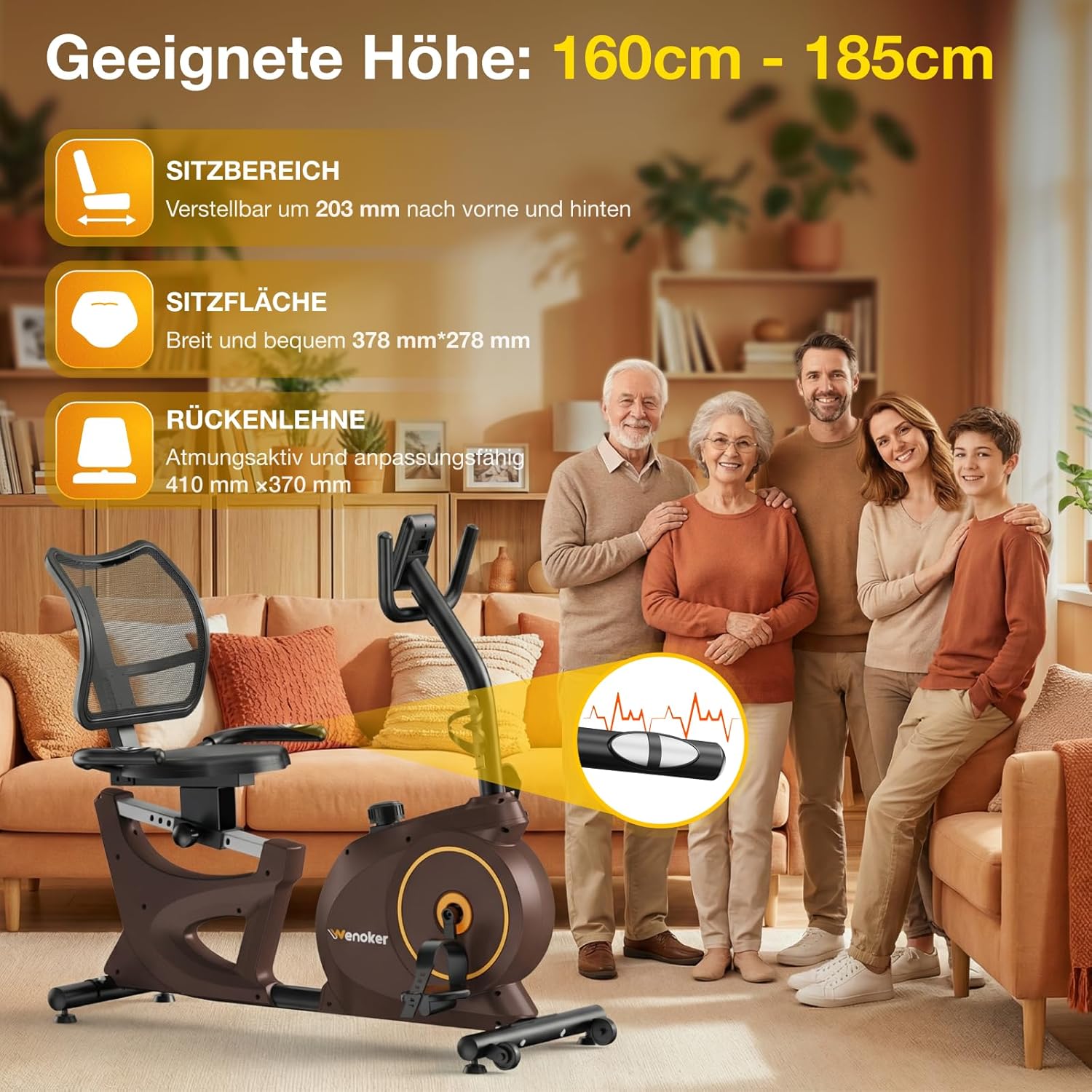 Ergometer-Liege-Heimtrainer mit Magnetbremse, Pulssensoren und LCD-Display, 15 Widerstandsstufen, Sitz-Ergometer mit Rückenlehne für Senioren, robuste Bauweise mit mehreren Einstellungen – Bild 4