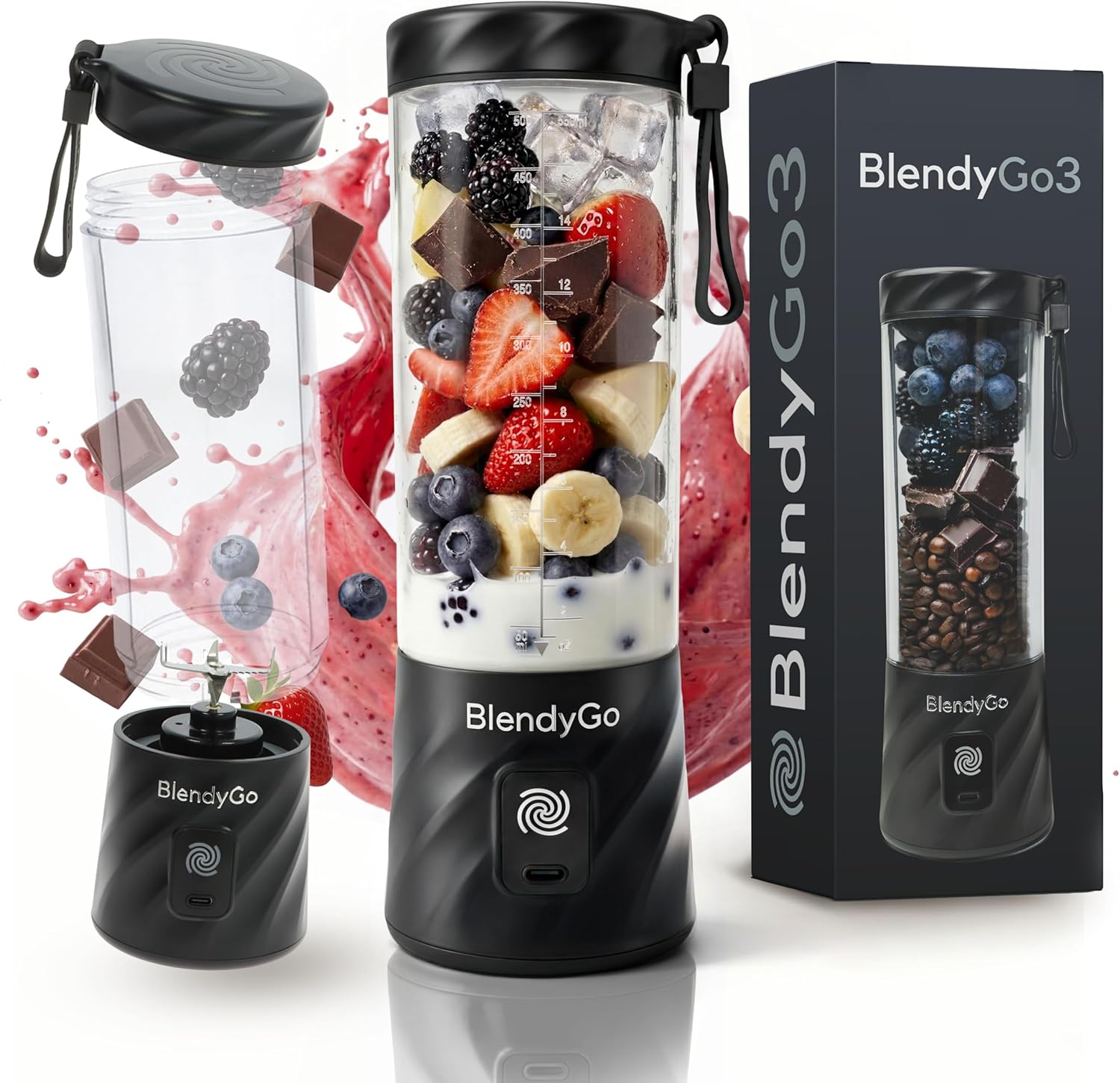 BlendyGo 3 Tragbarer Mixer, Standmixer, Mini-Standmixer, 550 ml, Smoothie-Maker, Standmixer Smoothie-Maker to Go, kabellos, zerkleinert Eis und Obst, BPA-frei, PulseMotion & BlendPro (Schwarz)