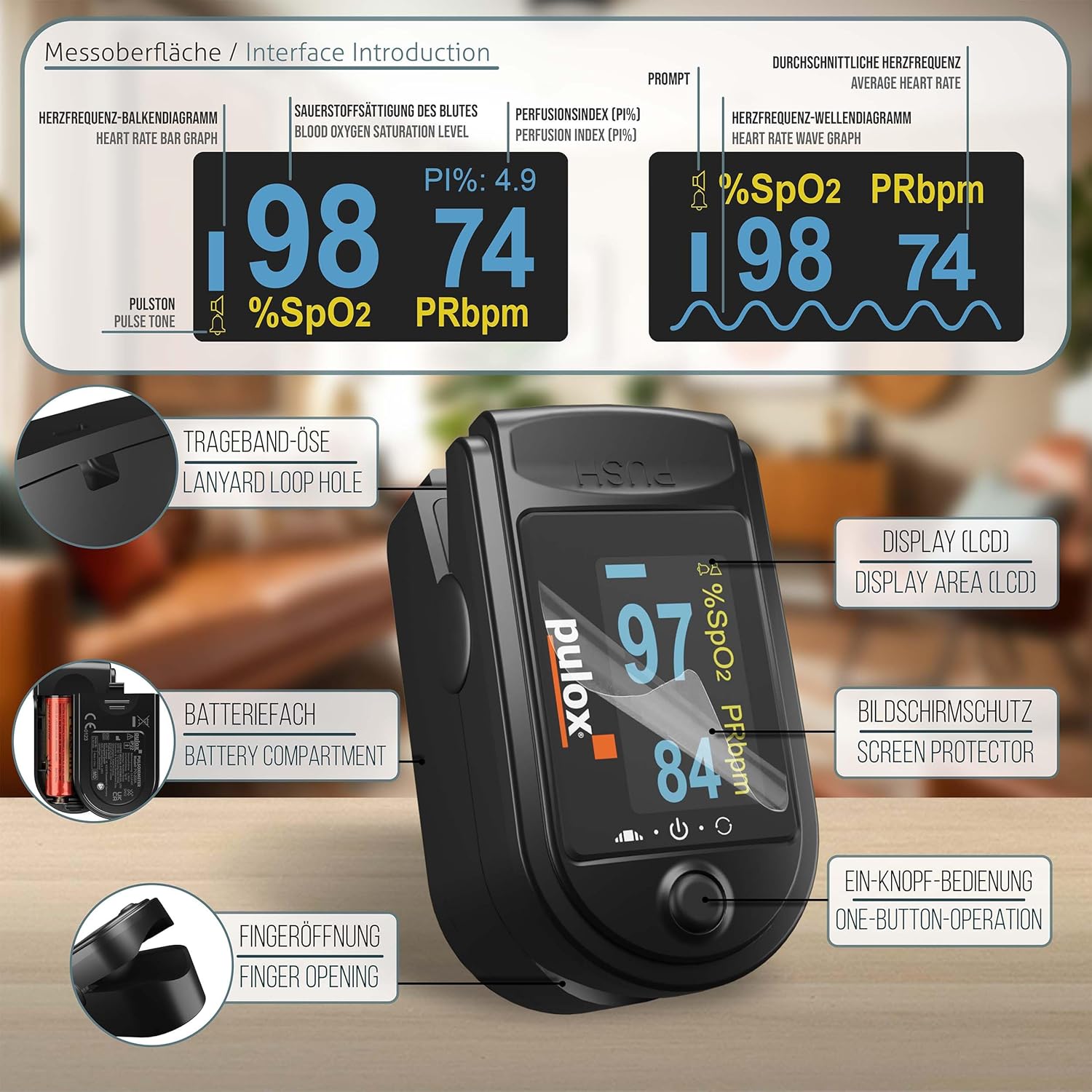 Pulsoximeter PULOX PO-200A mit zuschaltbarer Alarmfunktion und Pulston inkl. Zubehör *Farbauswahl möglich, schwarz | Mit Pulston, Warnfunktion und Zubehörset zur Kontrolle von Sauerstoffsättigung, Herzfrequenz und Perfusionsindex – Bild 2