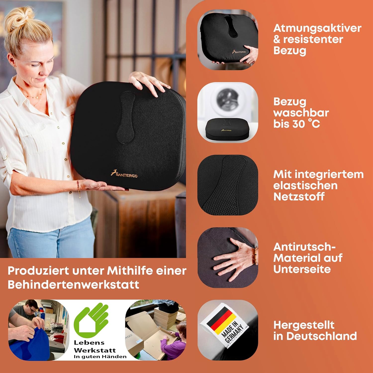 Orthopädisches Sitzkissen (patentiert & formstabil) – Sitzkissen für Bürostuhl und Sessel – Sitzkissen Stuhl, Sitzkissen Bürostuhl, Steißbeinkissen, Sitzkissen (Schwarz-MEDIUM 65-95 kg) – Bild 3