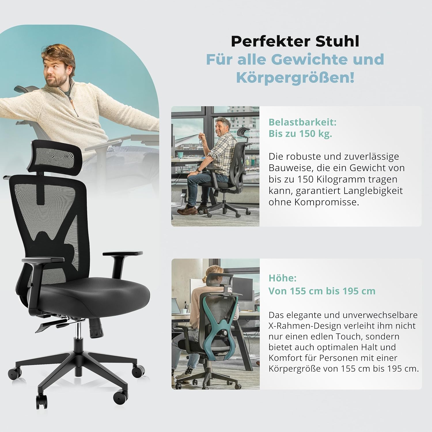 Backerz Ergonomischer Bürostuhl – Bürostühle 150 kg, TÜV & NEN 1335 zertifiziert – Büro-Schreibtischstuhl – Ergonomischer Bürostuhl – Computerstuhl höhenverstellbar & rückenfreundlich – Schwarz – Bild 7
