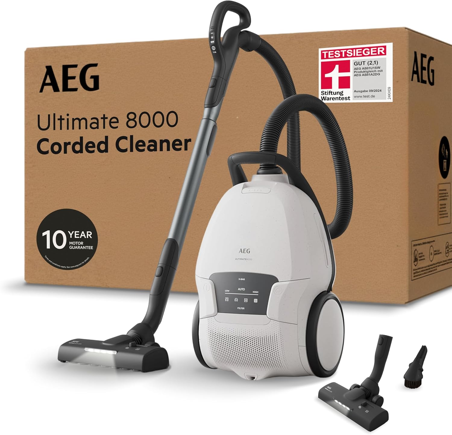 AEG Ultimate 8000 Staubsauger mit Beutel, Testsieger der Stiftung Warentest, hohe Saugleistung, Auto-Modus, alle Böden, 48 % recycelter Kunststoff, 3-in-1-Düse, HEPA-Filtration, 12 m, LED-Licht, AB81U1SW