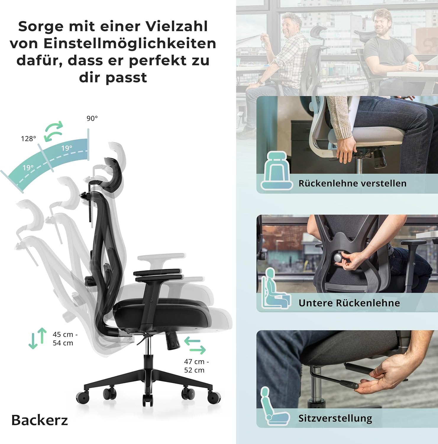 Backerz Ergonomischer Bürostuhl – Bürostühle 150 kg, TÜV & NEN 1335 zertifiziert – Büro-Schreibtischstuhl – Ergonomischer Bürostuhl – Computerstuhl höhenverstellbar & rückenfreundlich – Schwarz – Bild 3