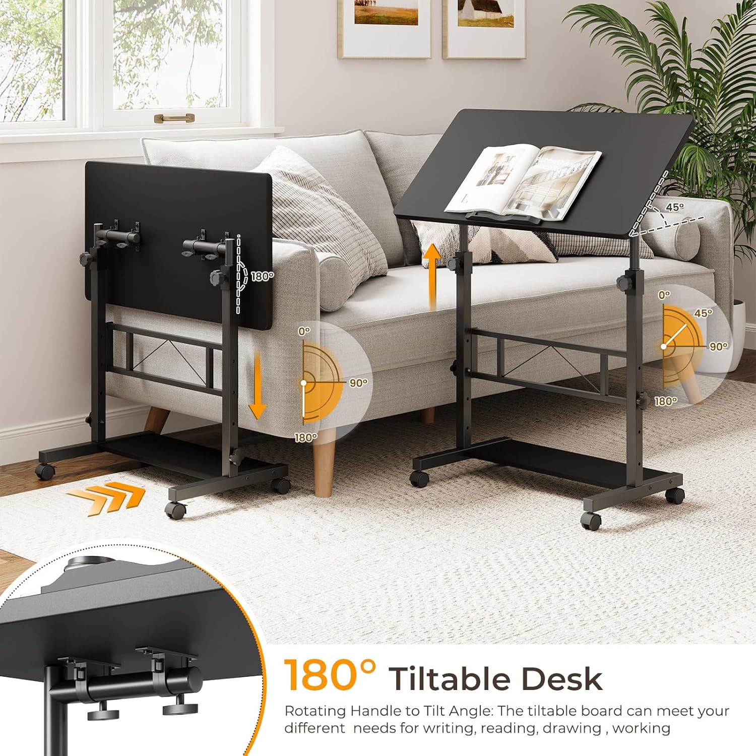 Dripex 80 x 40 cm Stehschreibtisch, höhenverstellbar 65–98 cm, mobiler Computertisch mit Rollen und neigbarer Tischplatte, Überbetttisch, Stehsitztisch für Zuhause und Büro, Schwarz – Bild 7