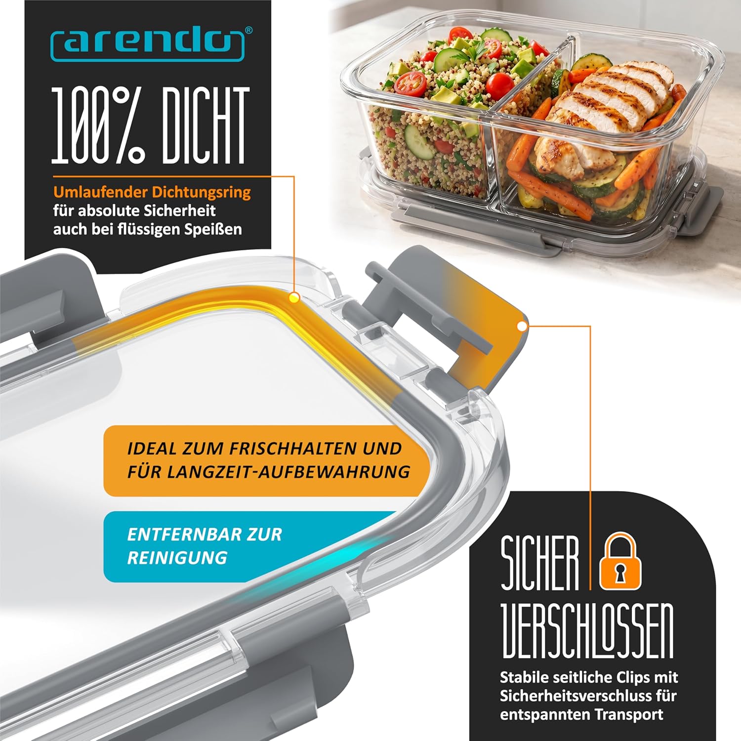 Arendo - Frischhaltedosen aus Glas für Lebensmittel mit luftdichtem Deckel - 2 Fächer - 2er-Set - 1500 ml - für Mikrowelle und Gefrierschrank - spülmaschinenfest - Lunchboxen, Meal-Prep-Boxen – Bild 5