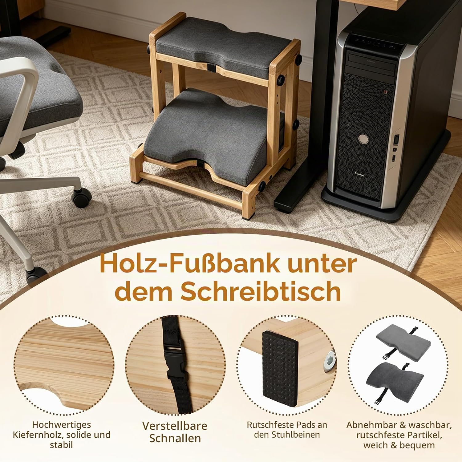 2-in-1 Fußstützen-Schreibtisch als Bein- & Fußstütze, 4-fach verstellbarer Fußhocker aus Kiefernholz, Entlastung von müden Beinen, herausnehmbare weiche Polsterung, rutschfeste Fußstütze für Büro & Zuhause – Bild 7