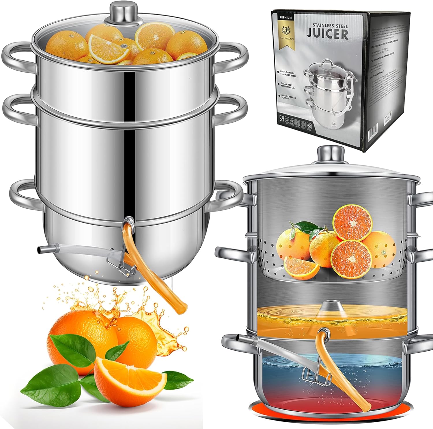 KARL HAUSMANN Dampfentsafter 8L Edelstahl – Entsafter-Kocher für Induktion, Gas und alle Herdarten | Saft aus Obst und Gemüse, BPA-frei, mit Schlauch, spülmaschinenfest