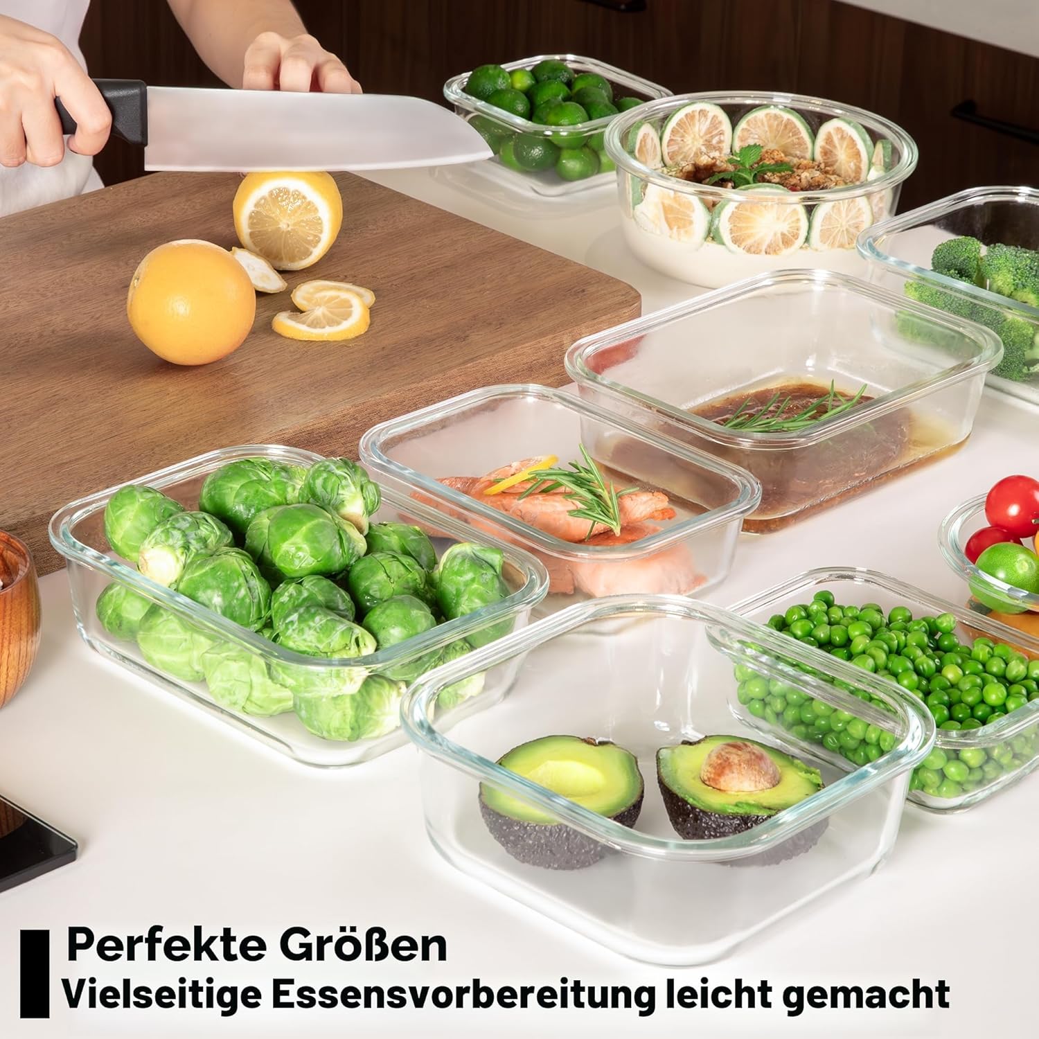5er-Pack Borosilikatglasbehälter mit gehärtetem Deckel, 1040 ml/4,4 Tassen, luftdichtes Meal-Prep-Set, mikrowellen-/gefriergeeignet/ofenfest -20℃~510℃, Grau – Bild 2