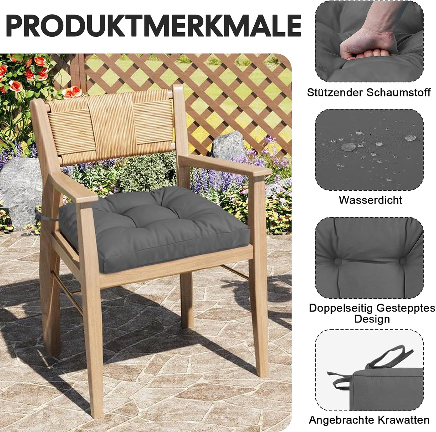 2er-Set Outdoor-Sitzkissen, wasserdicht, 50 x 50 x 8 cm, UV-beständige Kissen für Gartenstühle, Terrassenmöbel, Rattanstuhl, langlebige Stuhlkissen für Balkon, Pool, Camping, Grau – Bild 4