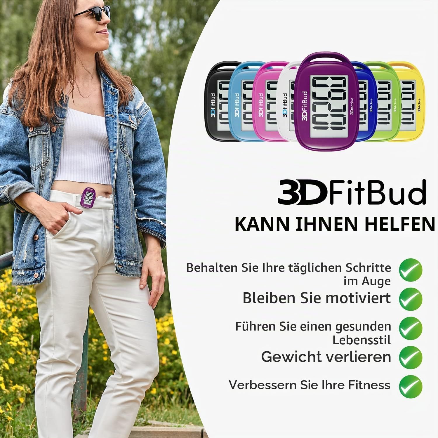 3DActive 3D-FitBud Einfacher Schrittzähler mit Clip und Trageband A420S (Pflaume) – Bild 4