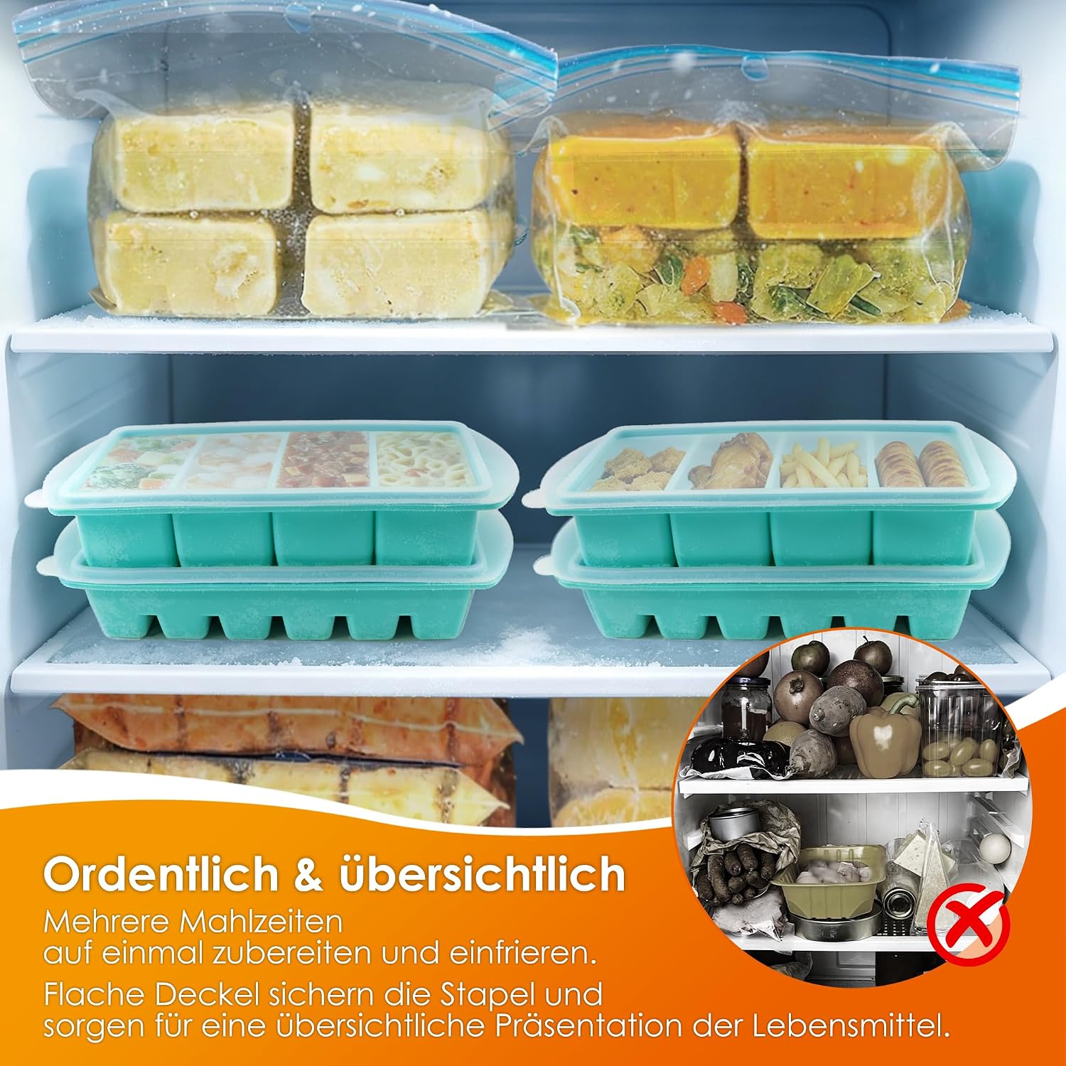 Set mit 2 Silikon-Gefrierformen mit Deckel, Suppenwürfel-Set mit 250/125 ml | Wiederverwendbar und stapelbar für die Zubereitung von Mahlzeiten, Gefrierbehälter für Suppe, Soße und Eis. Mintgrün – Bild 5