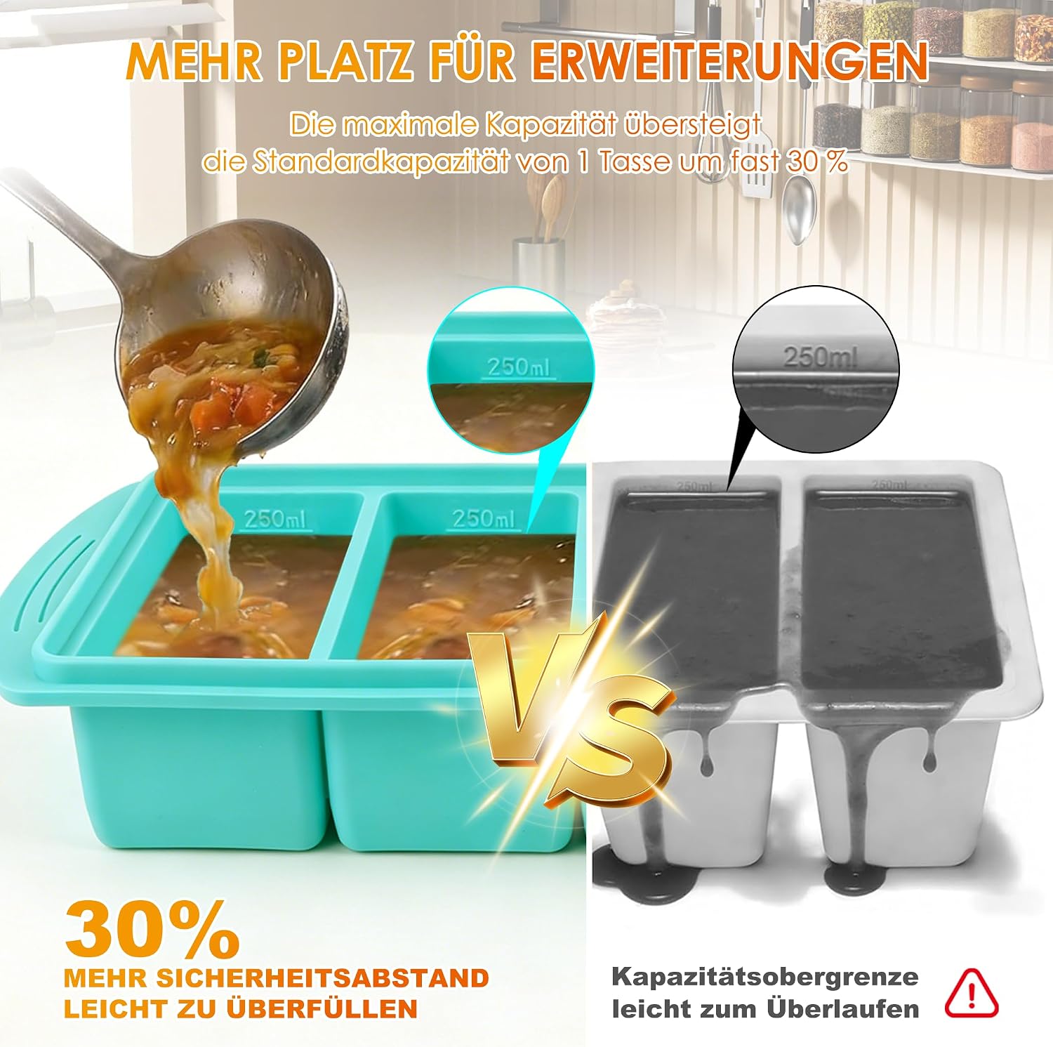 Set mit 2 Silikon-Gefrierformen mit Deckel, Suppenwürfel-Set mit 250/125 ml | Wiederverwendbar und stapelbar für die Zubereitung von Mahlzeiten, Gefrierbehälter für Suppe, Soße und Eis. Mintgrün – Bild 6