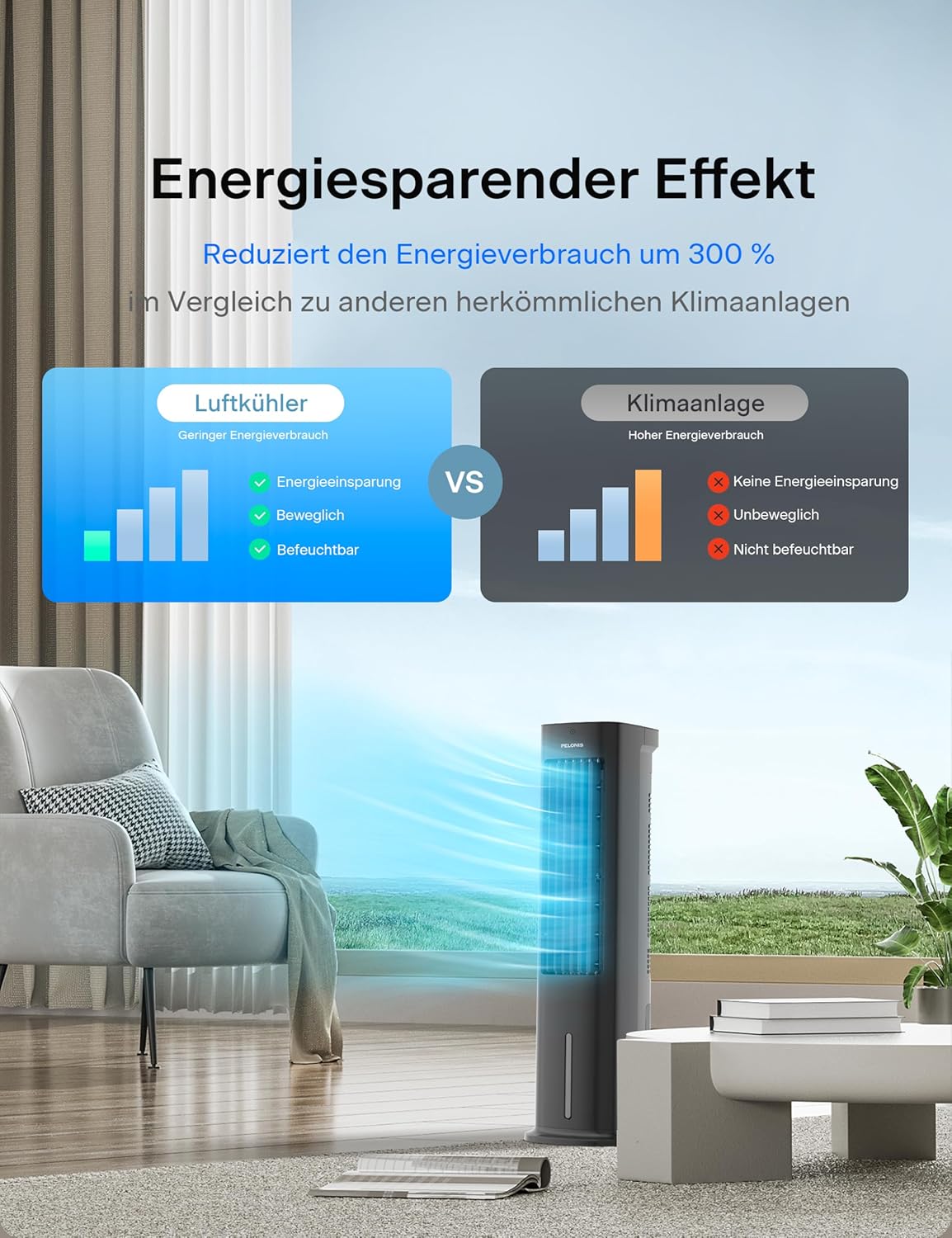 PELONIS 5L Verdunstungskühler mit Fernbedienung, tragbarer 3-in-1-Luftkühler, Ventilator, Luftbefeuchter und automatischer Oszillation, 3-Stufen-Timer 7H, 2 Kühlpads für Zuhause und Büro – Bild 3