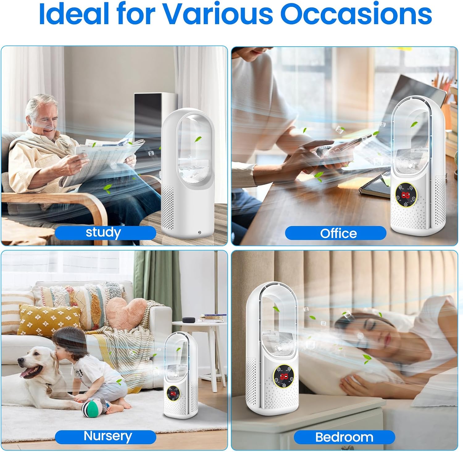 Rotorloser Ventilator, Turmventilator leise, 3-in-1 leiser Luftkühler und Luftbefeuchter, 6 Windgeschwindigkeiten und 6-Stunden-Timer, kühlender Nebel, 7 LED-Farben, tragbar für Zuhause, Büro und Reisen (blau) – Bild 7