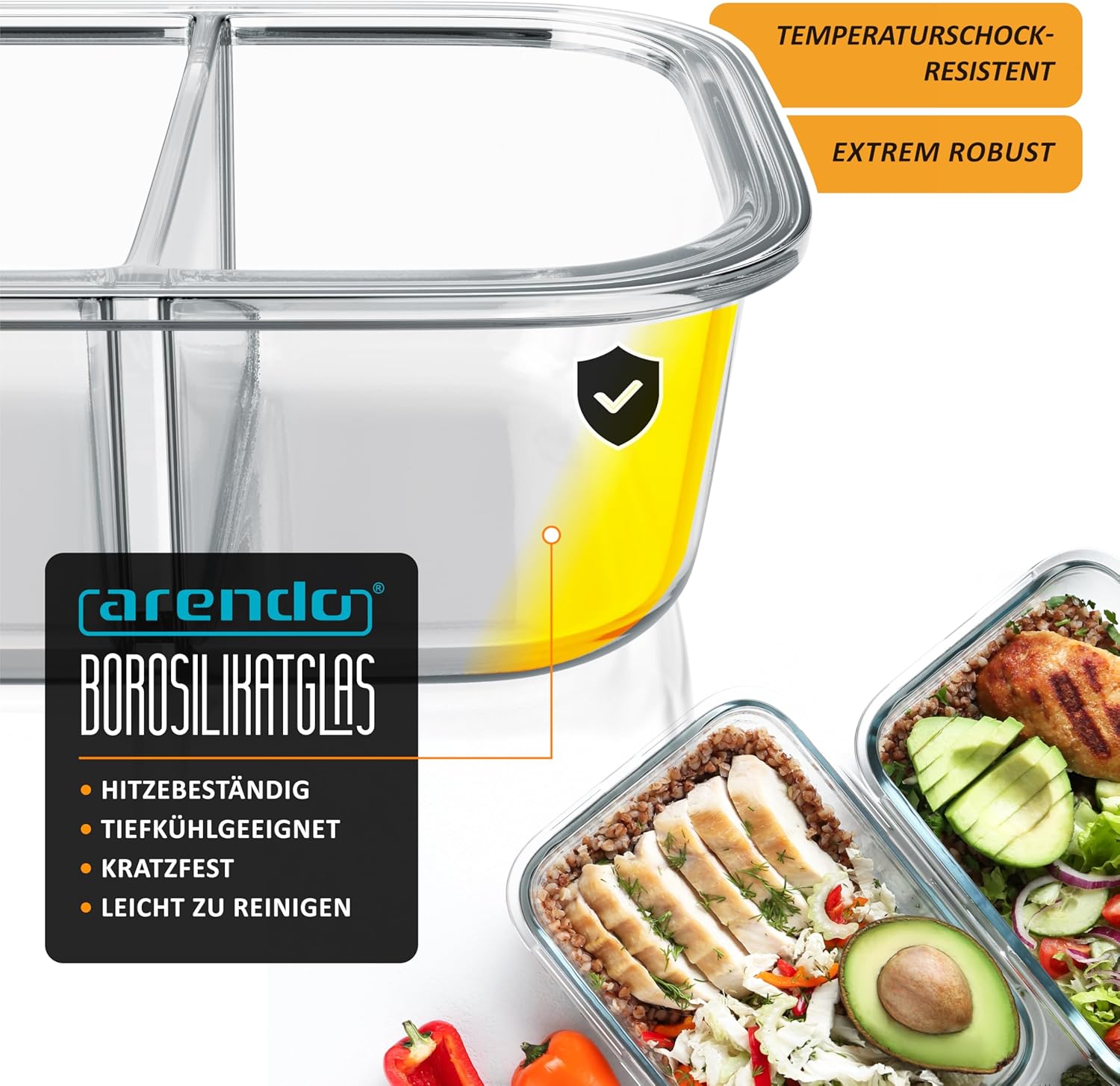 Arendo - Frischhaltedosen aus Glas für Lebensmittel mit luftdichtem Deckel - 2 Fächer - 2er-Set - 1500 ml - für Mikrowelle und Gefrierschrank - spülmaschinenfest - Lunchboxen, Meal-Prep-Boxen – Bild 3