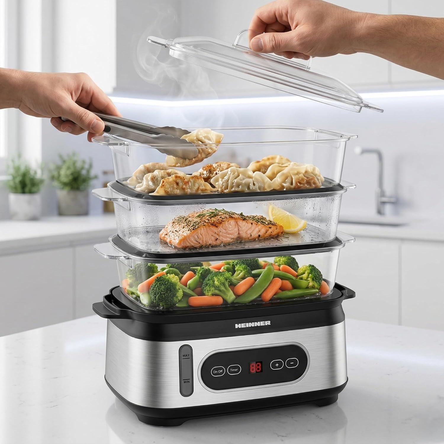 One Steam HSA-D950SS Elektrischer Dampfgarer, 9 l, 3 Stufen, BPA-frei, LED-Display, digitaler Timer 0–90 Min., Startauswahl 12 Stunden, automatische Abschaltung, spülmaschinenfest, inklusive 950 W, Modell ONE – Bild 5