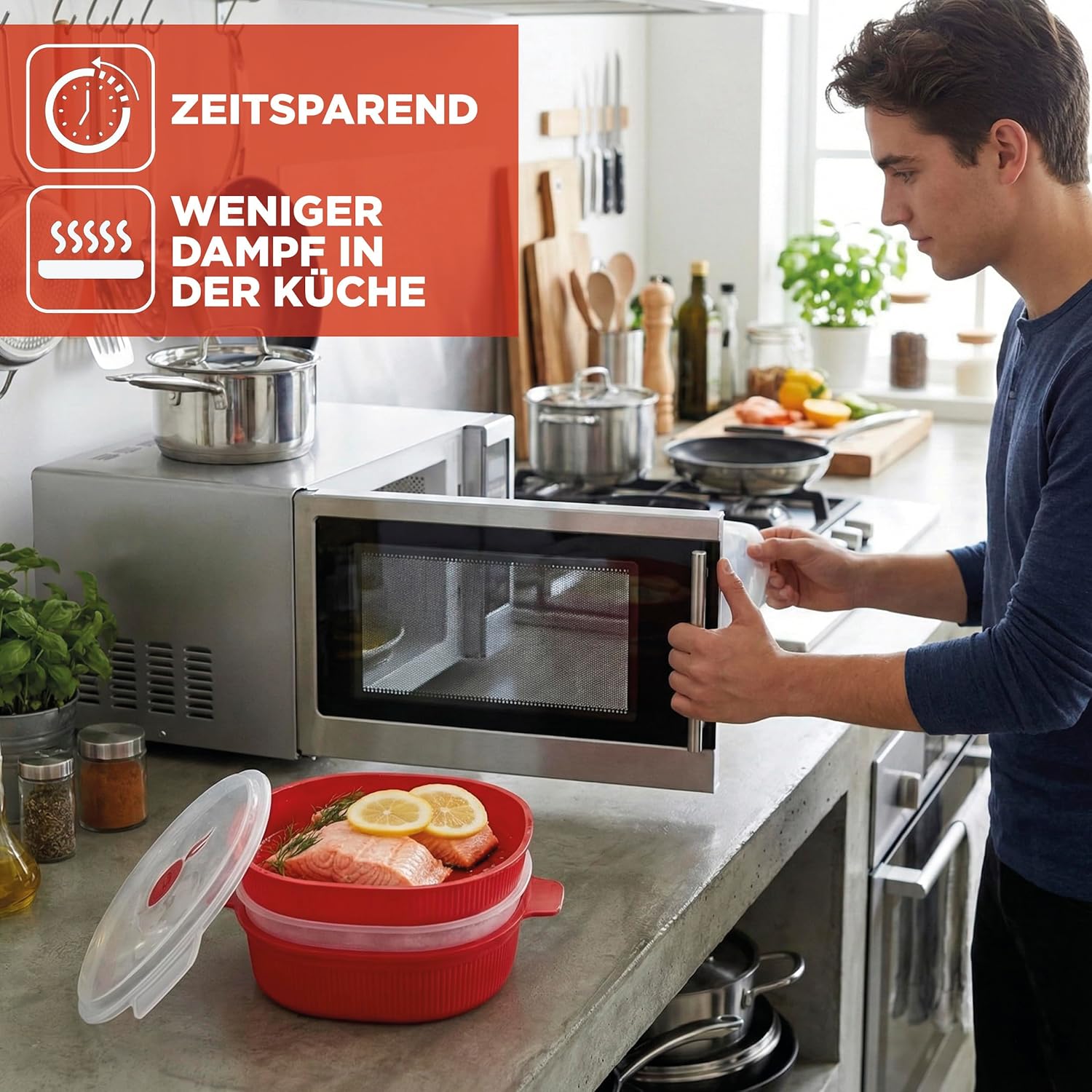 Snips 704 Tempo Zero Dish Streamer 4 Liter, Kunststoff rot | Für Gemüse, Fisch und Fleisch, 2 herausnehmbare Garkörbe, 4 L, bis 800 W, spülmaschinenfest, hergestellt in Italien – Bild 3