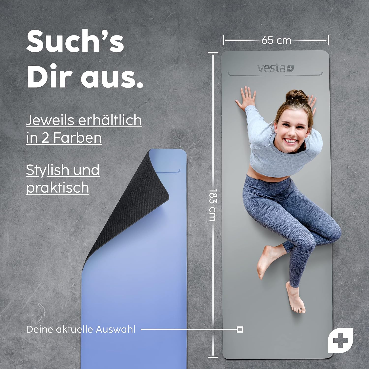 Vesta+ Premium Yogamatte aus Naturkautschuk – Ultra rutschfest mit optimaler Dämpfung – 100 % weichmacherfrei & hautfreundlich – inklusive Fitness-App – perfekt für Yoga, Gymnastik, Fitness & mehr (Grau) – Bild 5