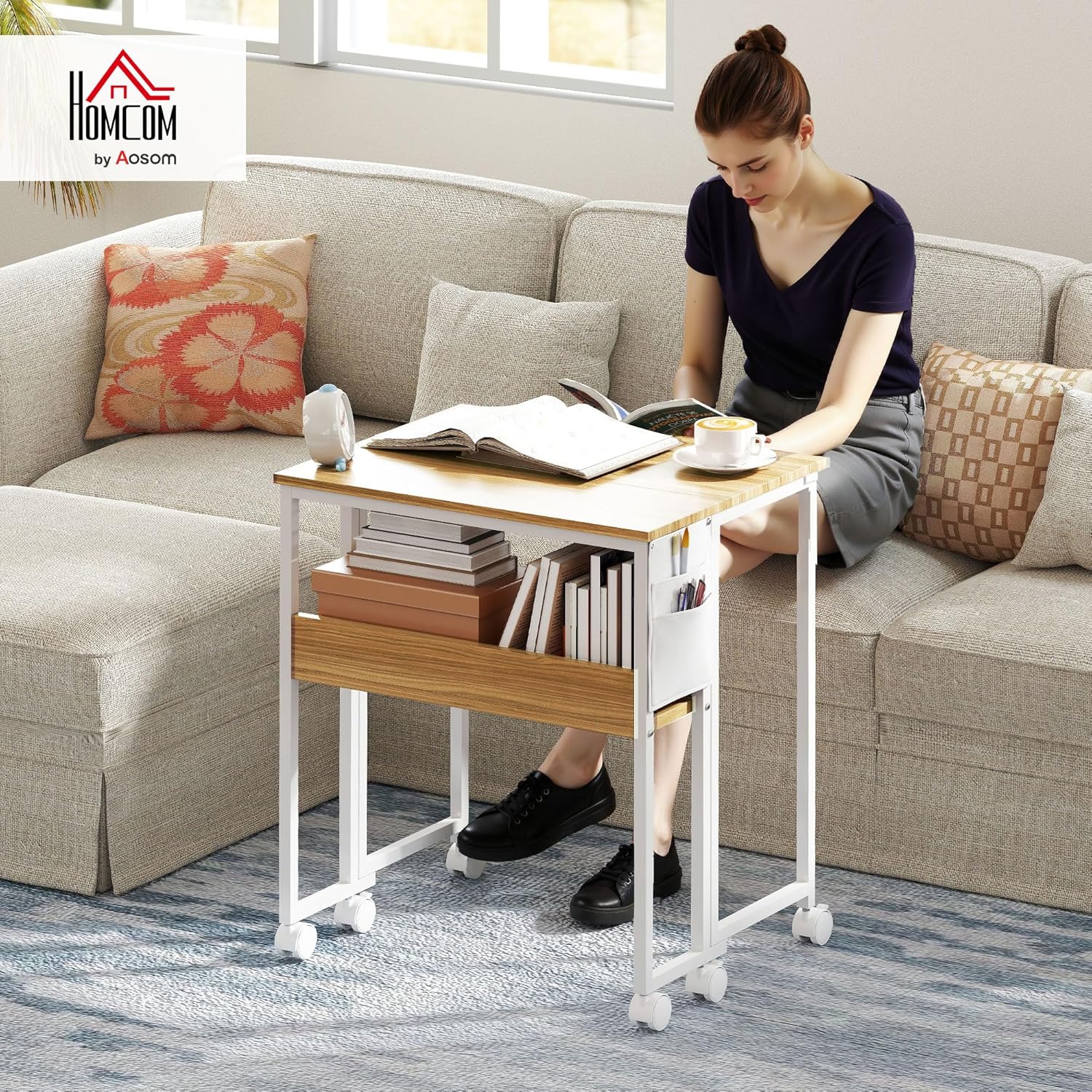 HOMCOM Klappschreibtisch, kleiner 63 cm Klappschreibtisch mit Rollen, platzsparend, Computertisch mit Ablage, Aufbewahrungstasche, für Home Office, Natur – Bild 2