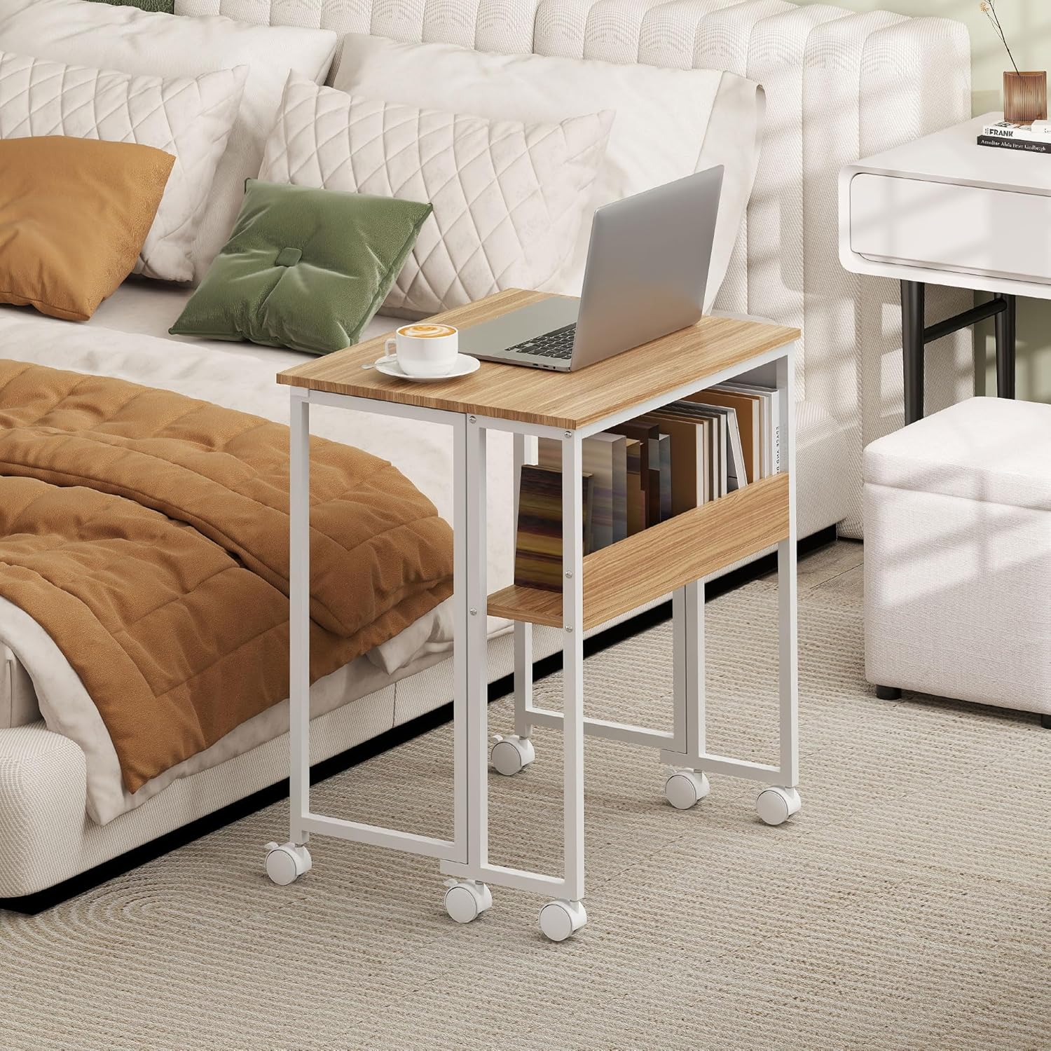 HOMCOM Klappschreibtisch, kleiner 63 cm Klappschreibtisch mit Rollen, platzsparend, Computertisch mit Ablage, Aufbewahrungstasche, für Home Office, Natur – Bild 8