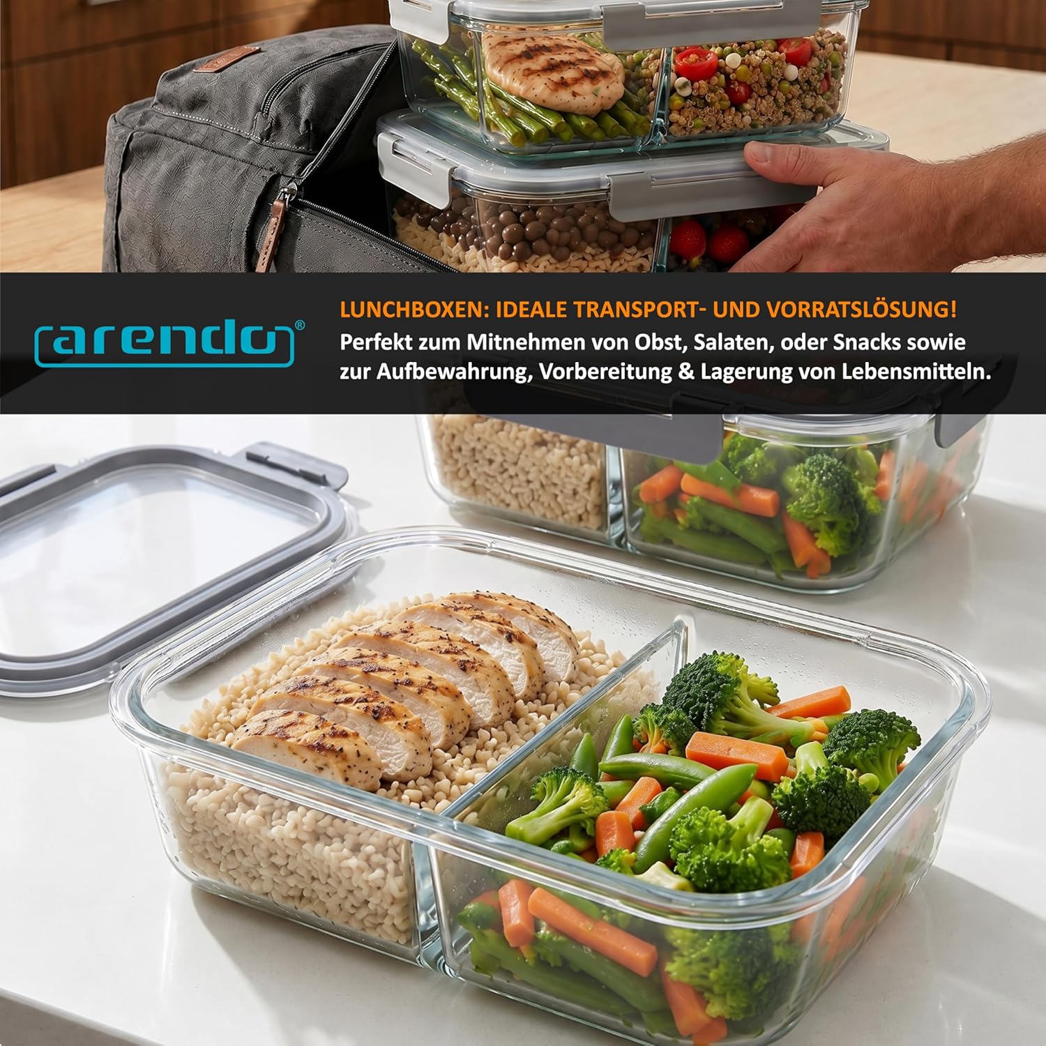 Arendo - Frischhaltedosen aus Glas für Lebensmittel mit luftdichtem Deckel - 2 Fächer - 2er-Set - 1500 ml - für Mikrowelle und Gefrierschrank - spülmaschinenfest - Lunchboxen, Meal-Prep-Boxen – Bild 7