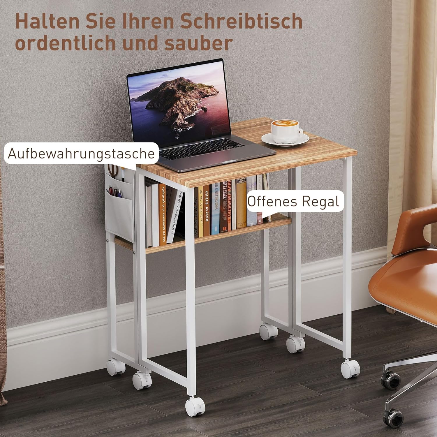 HOMCOM Klappschreibtisch, kleiner 63 cm Klappschreibtisch mit Rollen, platzsparend, Computertisch mit Ablage, Aufbewahrungstasche, für Home Office, Natur – Bild 5