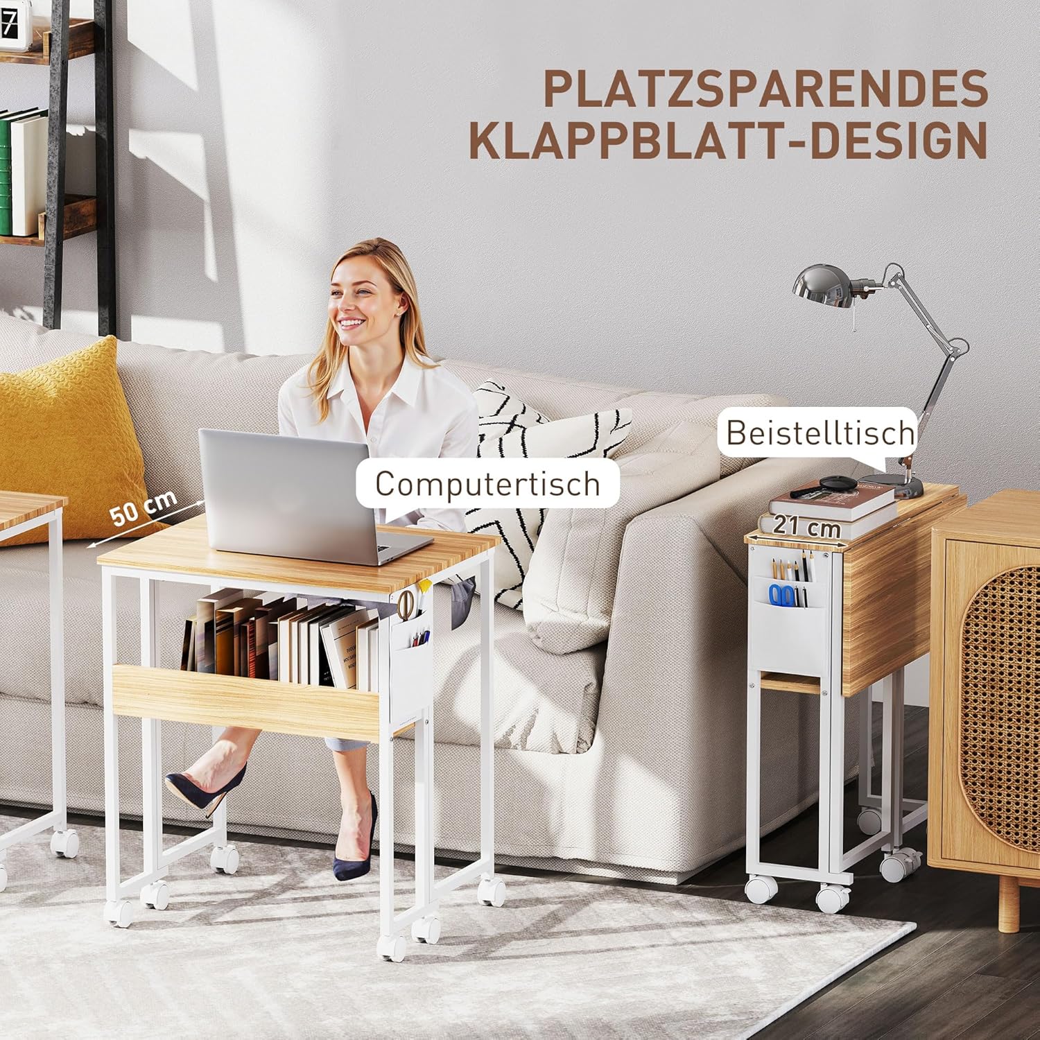 HOMCOM Klappschreibtisch, kleiner 63 cm Klappschreibtisch mit Rollen, platzsparend, Computertisch mit Ablage, Aufbewahrungstasche, für Home Office, Natur – Bild 4