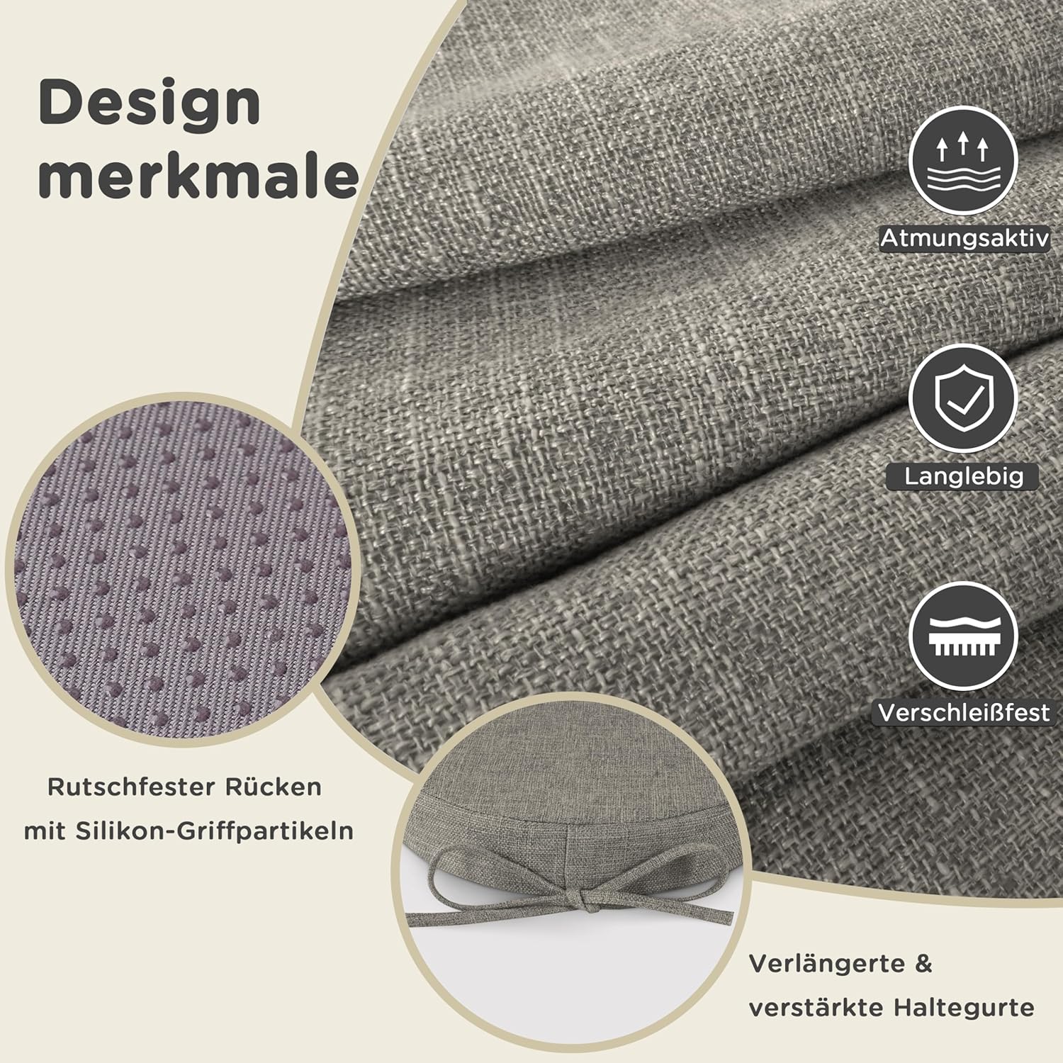 AddGrace Rundes Sitzkissen mit Bändern, 1 Stück, rutschfestes Leinen-Stuhlkissen, 30 x 30 cm, Schaumstoff-Sitzkissen mit abnehmbarem, waschbarem Bezug für Kneipen, Restaurants, offene Küchen, Hellgrau – Bild 4