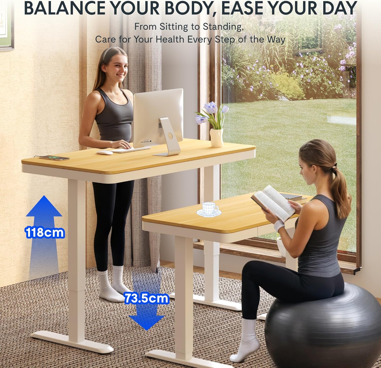 FLEXISPOT Q3 Höhenverstellbarer Schreibtisch mit LED-Höhenanzeige, Memory-Funktion und USB, elektrischer Schreibtisch mit Schublade für Home Office, 120 x 60 cm (Ahorn natur) – Bild 3