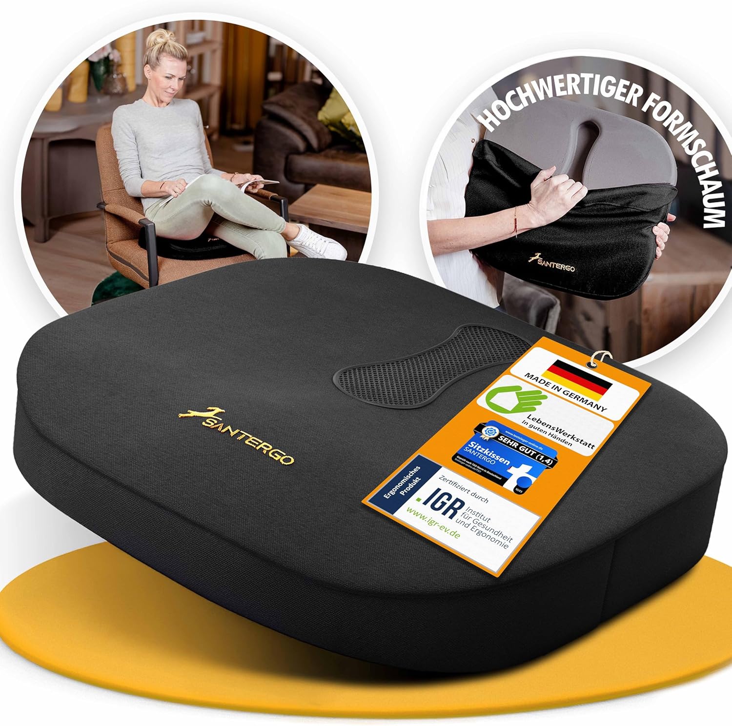 Orthopädisches Sitzkissen (patentiert & formstabil) – Sitzkissen für Bürostuhl und Sessel – Sitzkissen Stuhl, Sitzkissen Bürostuhl, Steißbeinkissen, Sitzkissen (Schwarz-MEDIUM 65-95 kg)