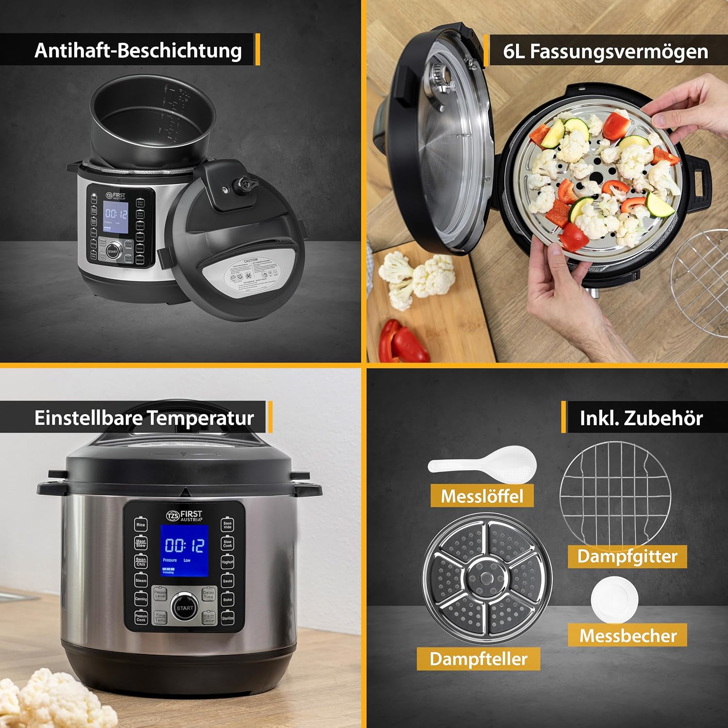 TZS First Austria – Elektrischer Schnellkochtopf 6L – 12 automatische Programme – Multikocher 1000 W Multikocher als Reiskocher, Dampfgarer, Crock Pot usw. – Elektrischer Multivarka-Schnellkochtopf – Bild 4