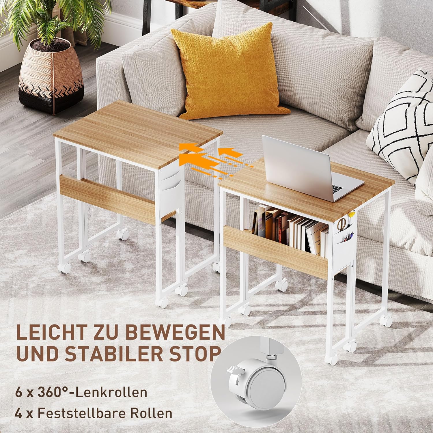 HOMCOM Klappschreibtisch, kleiner 63 cm Klappschreibtisch mit Rollen, platzsparend, Computertisch mit Ablage, Aufbewahrungstasche, für Home Office, Natur – Bild 6
