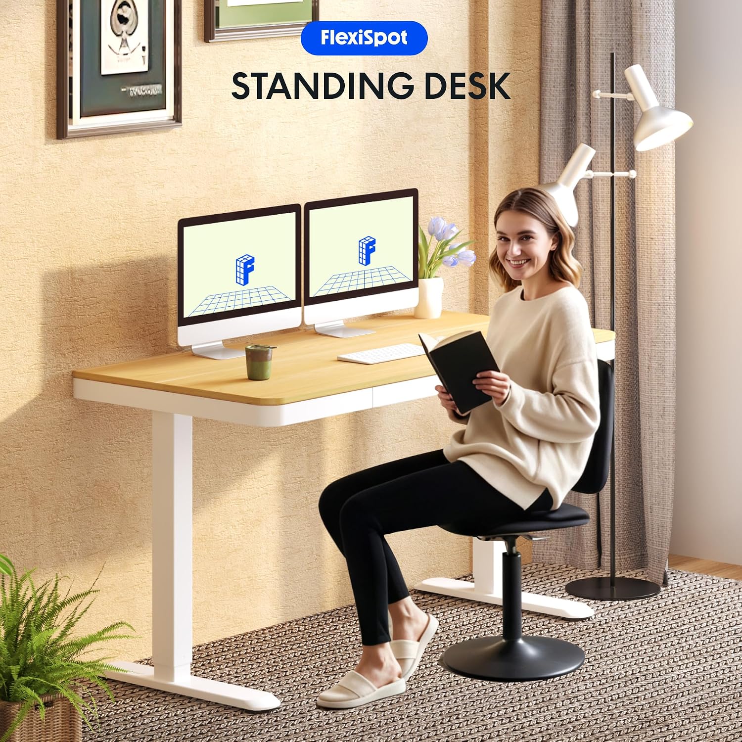 FLEXISPOT Q3 Höhenverstellbarer Schreibtisch mit LED-Höhenanzeige, Memory-Funktion und USB, elektrischer Schreibtisch mit Schublade für Home Office, 120 x 60 cm (Ahorn natur) – Bild 2