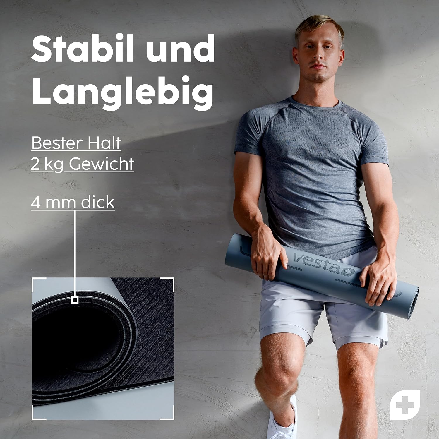 Vesta+ Premium Yogamatte aus Naturkautschuk – Ultra rutschfest mit optimaler Dämpfung – 100 % weichmacherfrei & hautfreundlich – inklusive Fitness-App – perfekt für Yoga, Gymnastik, Fitness & mehr (Grau) – Bild 6