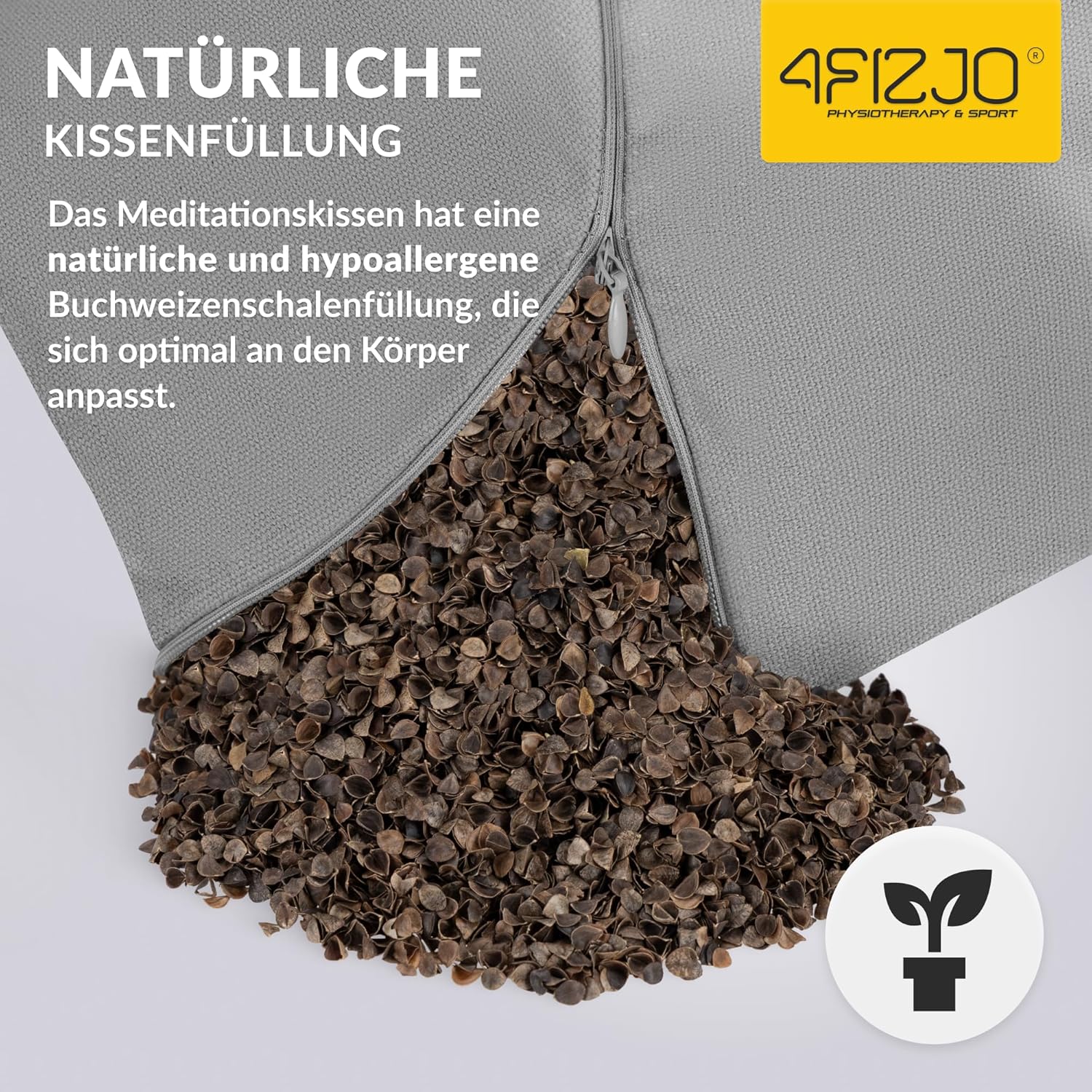 4FIZJO Yogakissen mit Buchweizenschalen, Meditationskissen, natürliche Füllung, Sitzkissen, perfekt für bequemes Yoga, Meditation, Achtsamkeit, 32 x 20 cm, grau – Bild 5