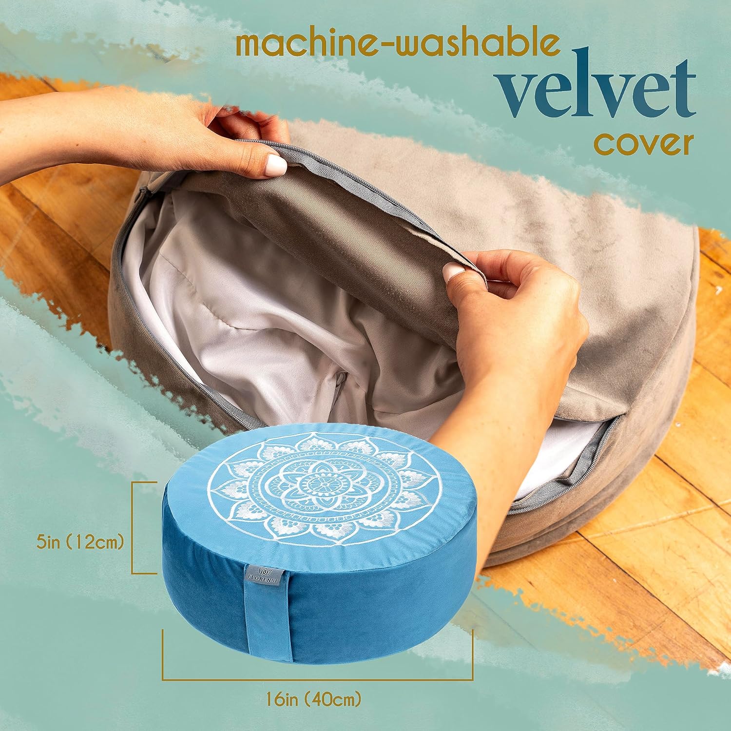 Florensi Meditationskissen (16 x 16 x 5 Zoll), großes Meditationskissen aus Samt, Premium-Yogakissen für Männer und Frauen, Yogakissen, Meditationskissen zum Sitzen auf dem Boden – Bild 6