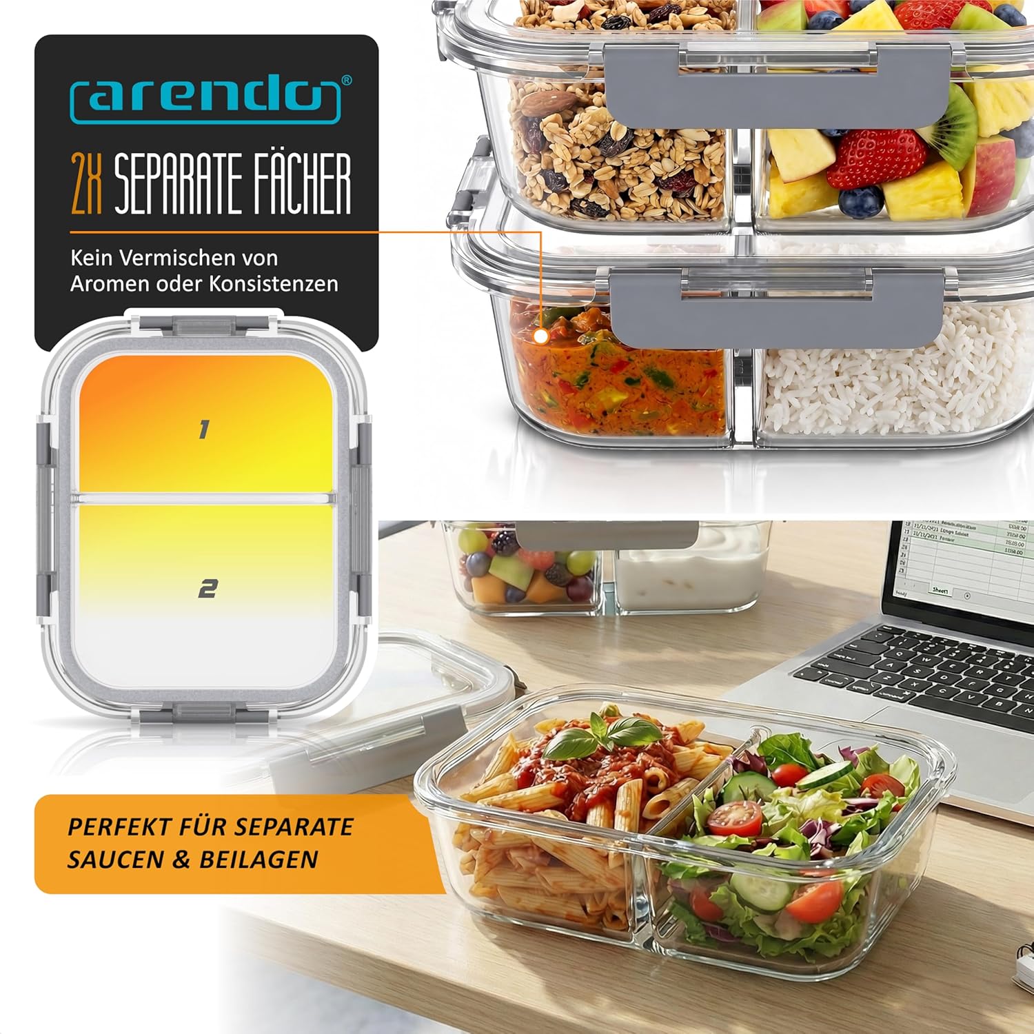 Arendo - Frischhaltedosen aus Glas für Lebensmittel mit luftdichtem Deckel - 2 Fächer - 2er-Set - 1500 ml - für Mikrowelle und Gefrierschrank - spülmaschinenfest - Lunchboxen, Meal-Prep-Boxen – Bild 4