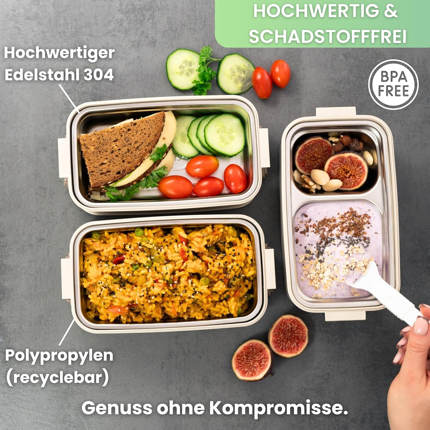 Bento Robin Lunchbox 2700 ml, 3 Ebenen mit Besteck und Fächern, Premium-Edelstahldose, BPA-frei, große Lunchbox, Meal Prep Bento Box für Erwachsene, auslaufsicher und mikrowellengeeignet – Bild 4